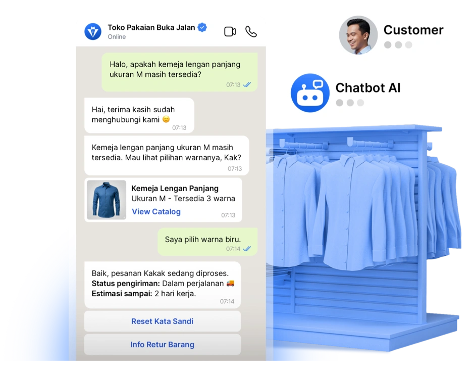 Chatbot AI membantu pelanggan dalam pemesanan kemeja lengan panjang ukuran M, sambil menunjukkan pilihan warna dan status pengiriman. Di latar belakang, terlihat pakaian di gantungan.