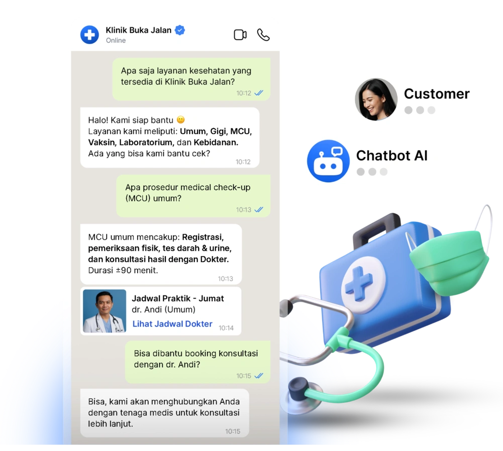 Chatbot AI menjawab pertanyaan pelanggan tentang layanan kesehatan di Klinik Buka Jalan, menyediakan informasi tentang medical check-up dan jadwal dokter.