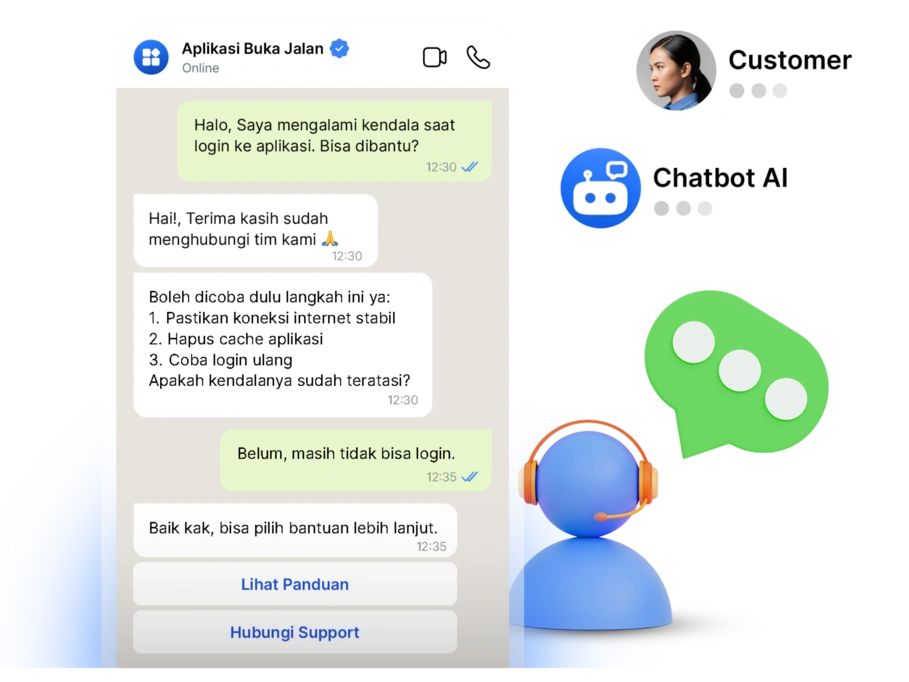 Aplikasi Buka Jalan membantu pengguna yang mengalami masalah login dengan panduan dan saran melalui chatbot AI dalam percakapan interaktif.