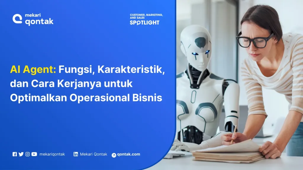ai-agent-fungsi-karakteristik-dan-cara-kerjanya-untuk-optimalkan-operasional-bisnis Seorang wanita menulis di atas meja dengan dokumen sambil berdiri di samping robot, menyoroti integrasi teknologi dalam lingkungan kerja modern.