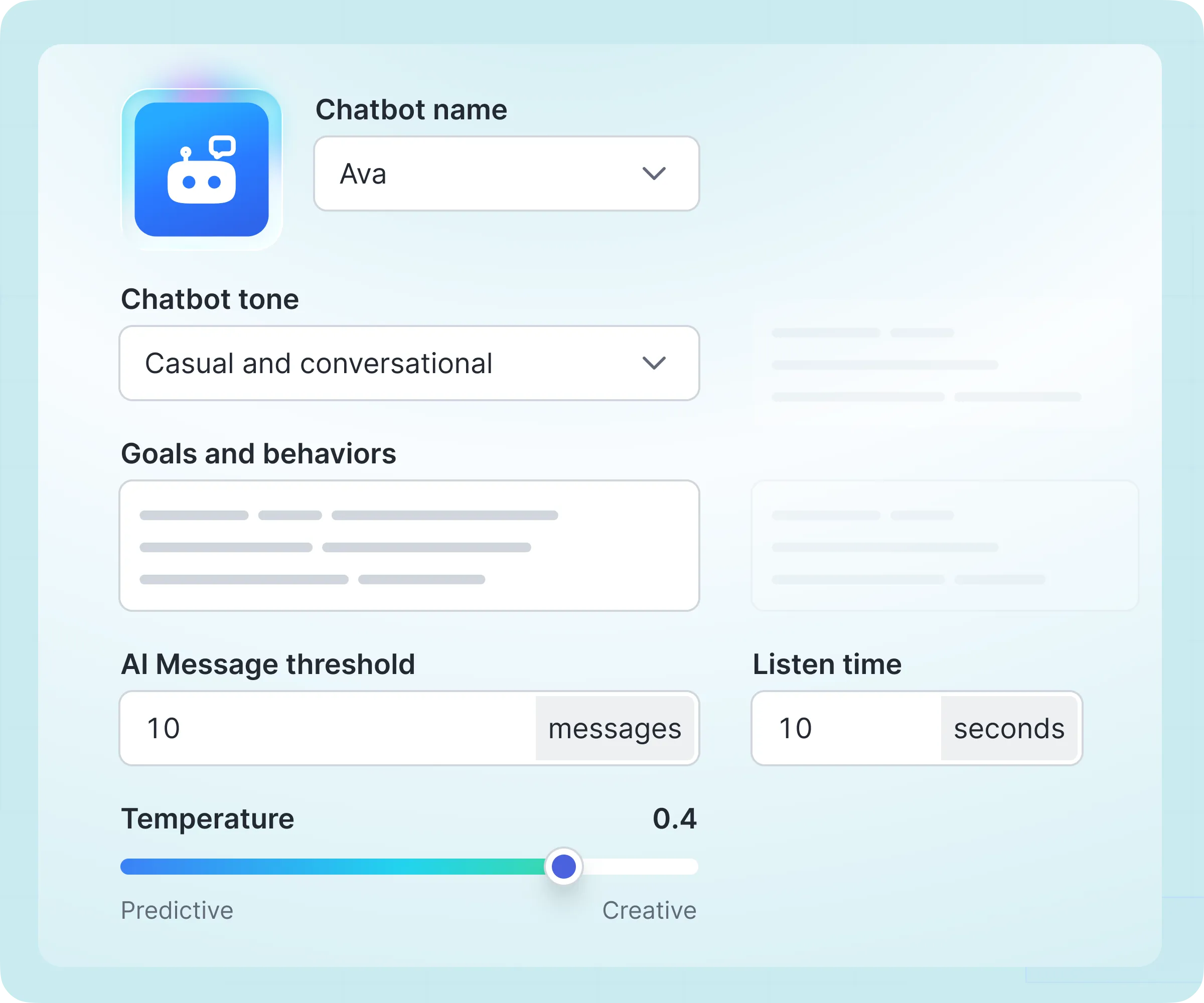Antarmuka pengaturan chatbot menunjukkan opsi untuk memilih nama, nada percakapan, serta berbagai parameter untuk interaksi. Fungsi ini membantu pengguna menyesuaikan chatbot sesuai kebutuhan.
