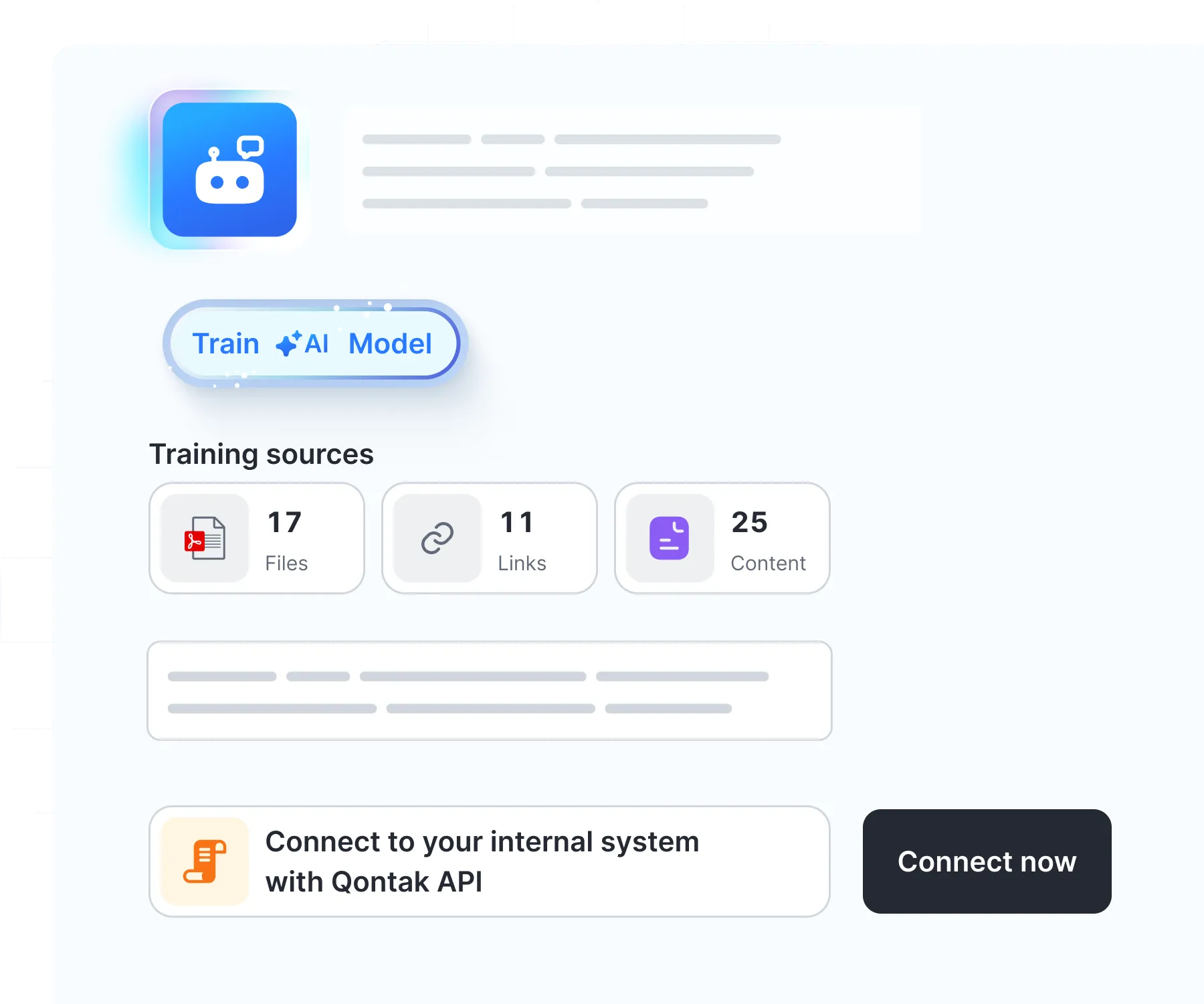 Antarmuka perangkat lunak menampilkan opsi untuk melatih model AI, dengan informasi sumber pelatihan dan tombol untuk menghubungkan ke sistem internal.