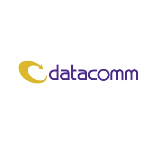 Logo berwarna ungu dan kuning menampilkan nama "datacomm" yang menonjol. Desain modern ini mencerminkan identitas perusahaan dalam sektor teknologi komunikasi.