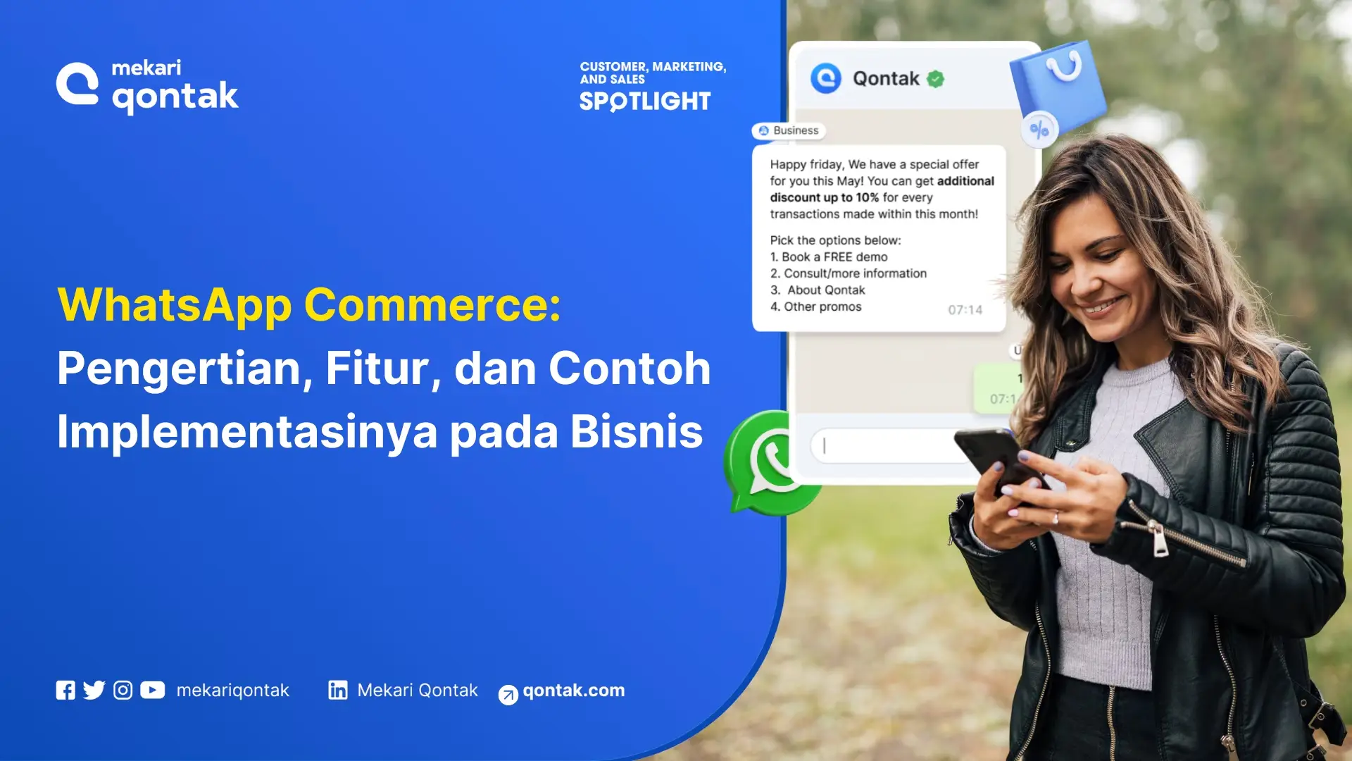 WhatsApp Commerce memperlihatkan penawaran promosi menarik melalui pesan, sementara pengguna berinteraksi menggunakan ponsel di luar ruangan.