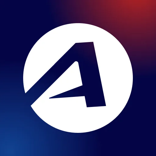 Logo berbentuk lingkaran dengan huruf "A" yang dinamis, memberikan kesan modern. Latar belakang bergradasi, menciptakan suasana energik dan profesional.