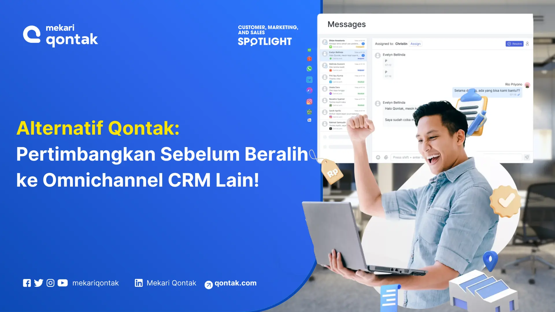 Seorang profesional dengan laptop mengangkat tangan dengan semangat, berdiskusi tentang alternatif sistem CRM omnichannel di ruang kerja modern.