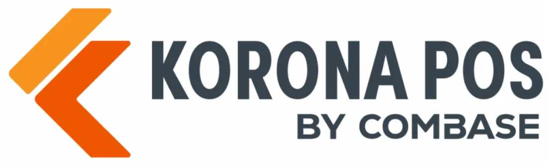 Logo Korona POS muncul dengan simbol panah oranye dan teks jelas. Ini menggambarkan sistem point-of-sale modern yang dirancang oleh Combase.