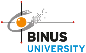 Logo universitas menampilkan simbol astronomi dengan lingkaran kuning di tengah dan garis yang menghubungkan titik merah. Nama "BINUS UNIVERSITY" tertulis di bawahnya, menekankan identitas pendidikan.
