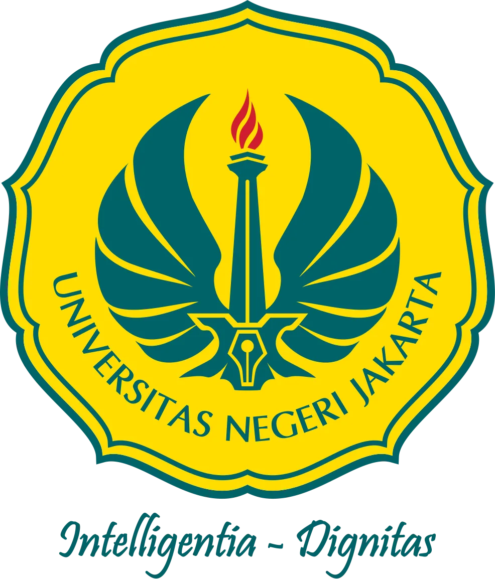 Lambang Universitas Negeri Jakarta menampilkan obor yang menyala sebagai simbol semangat belajar, dikelilingi sayap dan teks yang menegaskan identitas akademik.