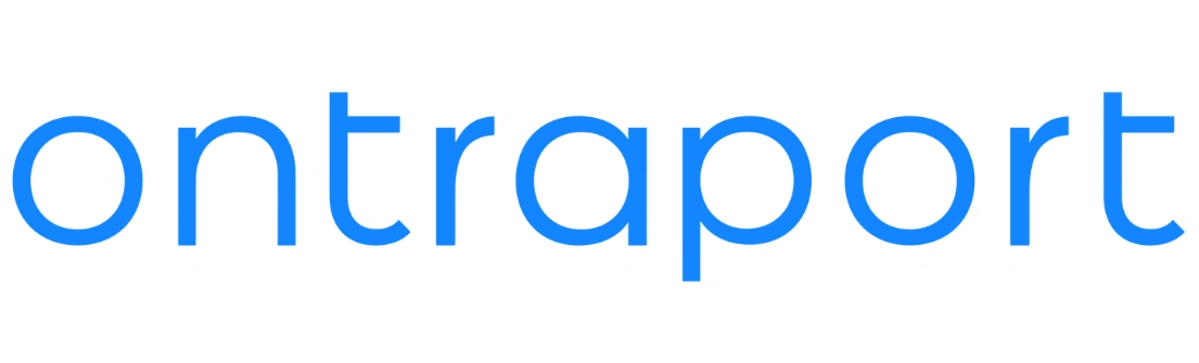Logo dengan teks "ontraport" berwarna biru cerah muncul di latar belakang putih, menciptakan kesan modern dan profesional.