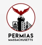 Sebuah logo menampilkan elang merah terbang di atas bangunan dengan jembatan, melambangkan komunitas PERMIAS di Massachusetts yang aktif.