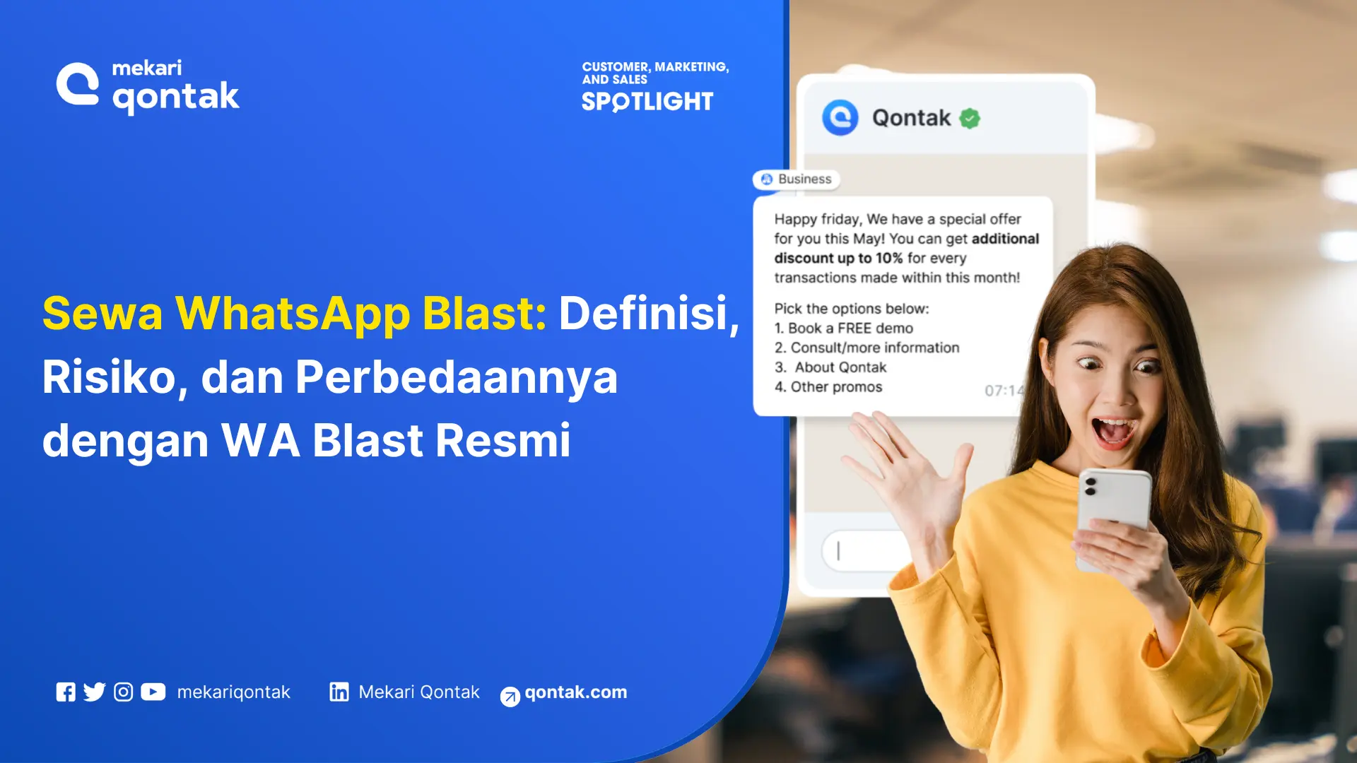 Sebuah aplikasi WhatsApp menampilkan informasi promo menarik, sementara seorang wanita mengenakan sweater kuning berinteraksi sambil memegang ponsel.