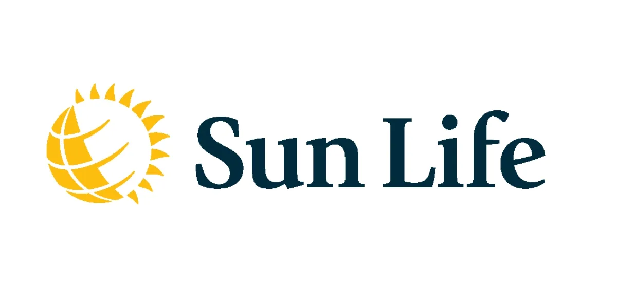 Logo berwarna kuning dan biru gelap menyertakan elemen matahari dan teks "Sun Life", menunjukkan identitas perusahaan asuransi dan layanan keuangan.