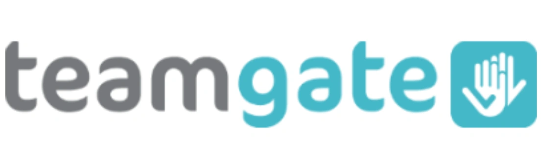Logo perusahaan mencolok menonjolkan nama "teamgate" dengan elemen desain tangan, menggambarkan kolaborasi dan dukungan dalam konteks manajemen tim.