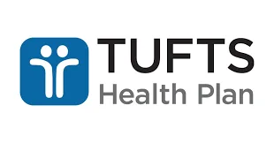 Logo Tufts Health Plan menampilkan simbol manusia bergandeng tangan dalam warna biru, menekankan kolaborasi dalam penyediaan layanan kesehatan.