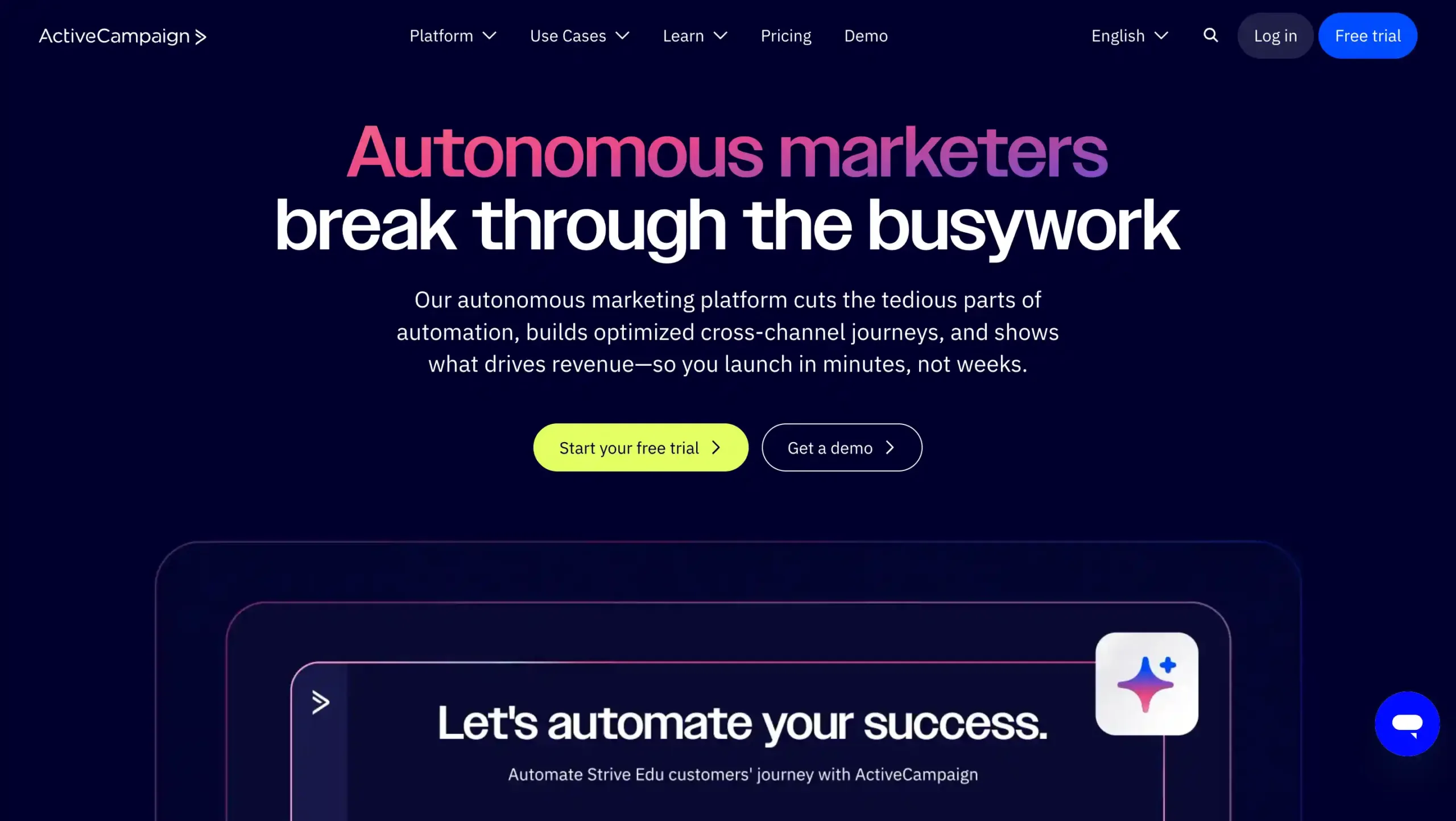 ActiveCampaign Landing Page best enterprise omnichannel marketing platform-Platform pemasaran mandiri menawarkan kemudahan dalam otomatisasi, membantu pengguna mengoptimalkan perjalanan lintas saluran untuk meningkatkan pendapatan.