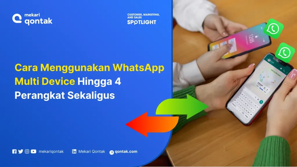 Ilustrasi Cara Menggunakan WhatsApp Multi Device Hingga 4 Perangkat Sekaligus Dua smartphone digunakan untuk mengakses WhatsApp secara bersamaan, menunjukkan fitur multi-perangkat. Latar belakangnya adalah meja kayu.