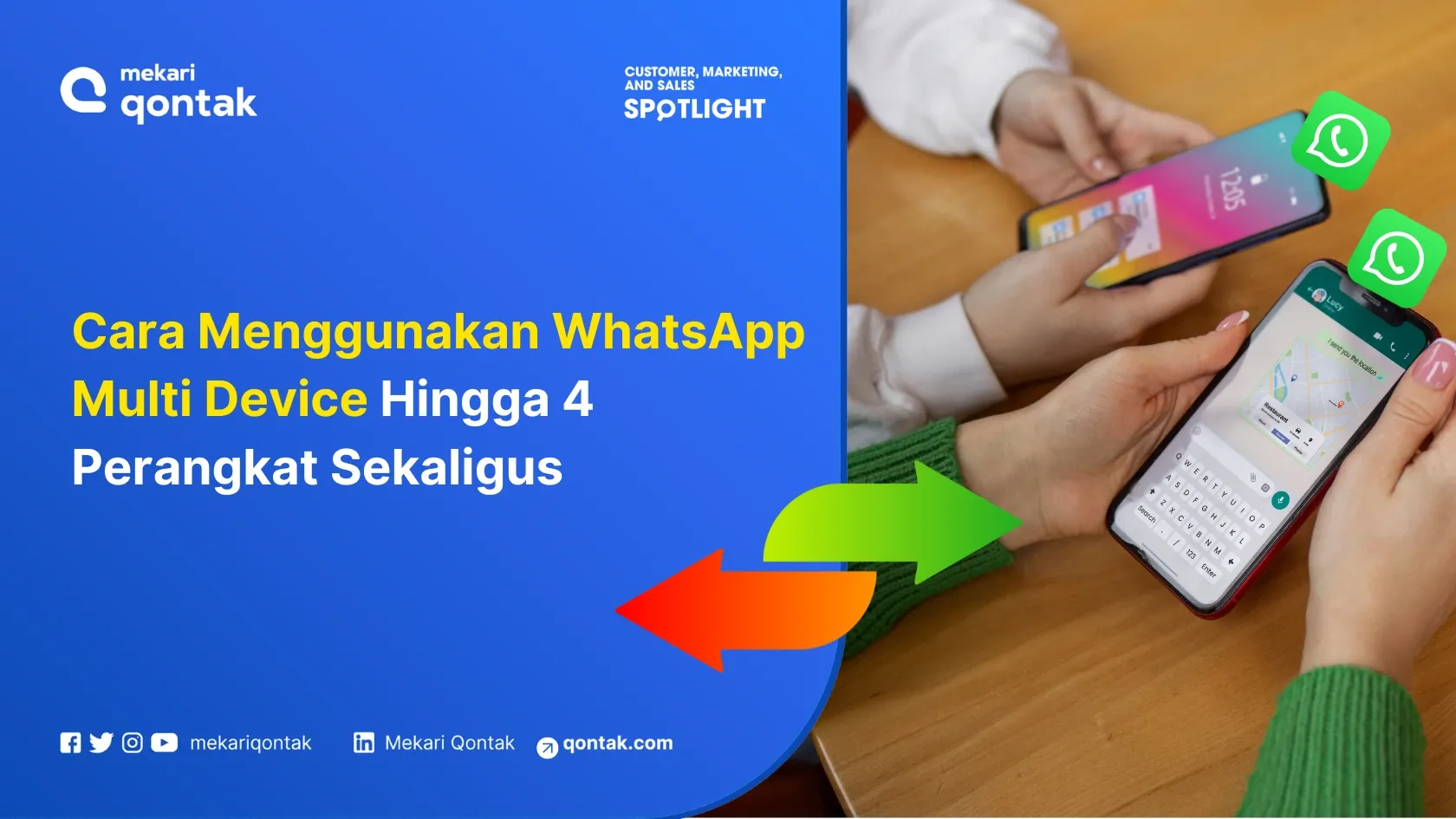 Dua smartphone digunakan untuk mengakses WhatsApp secara bersamaan, menunjukkan fitur multi-perangkat. Latar belakangnya adalah meja kayu.
