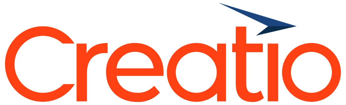 Logo "Creatio" berwarna oranye dan biru, menampilkan tagline yang mencerminkan inovasi dalam pengembangan perangkat lunak berbasis cloud.