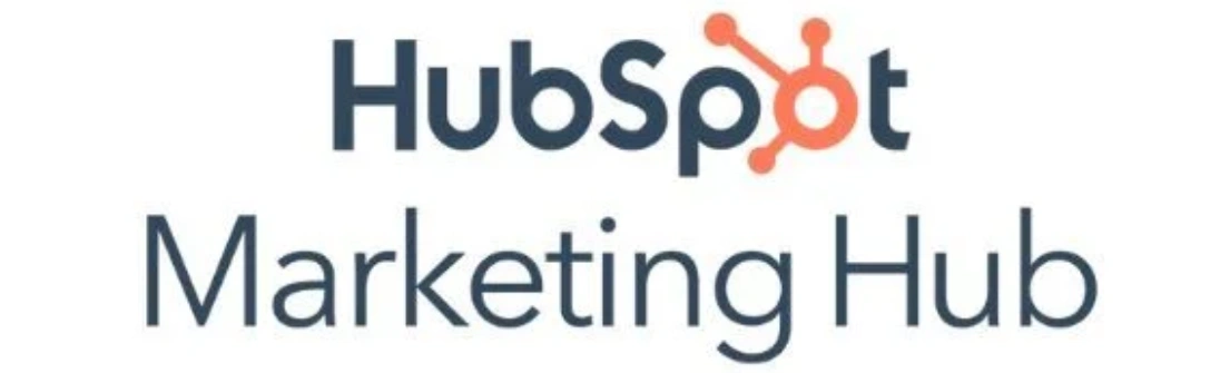 Logo HubSpot Marketing Hub menonjol dengan teks yang jelas dan deskriptif, berfungsi untuk merepresentasikan platform pemasaran digital ini secara profesional.