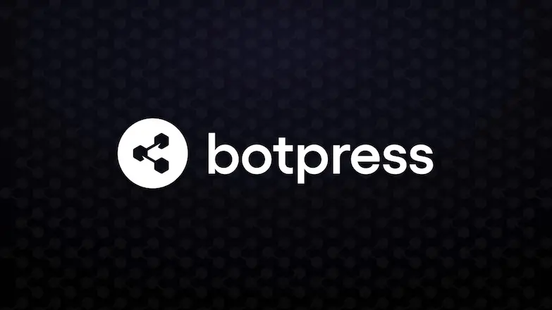 Logo Botpress menampilkan simbol tiga titik yang terhubung, dengan nama perusahaan tertulis di sampingnya, di latar belakang gelap dan bertekstur.