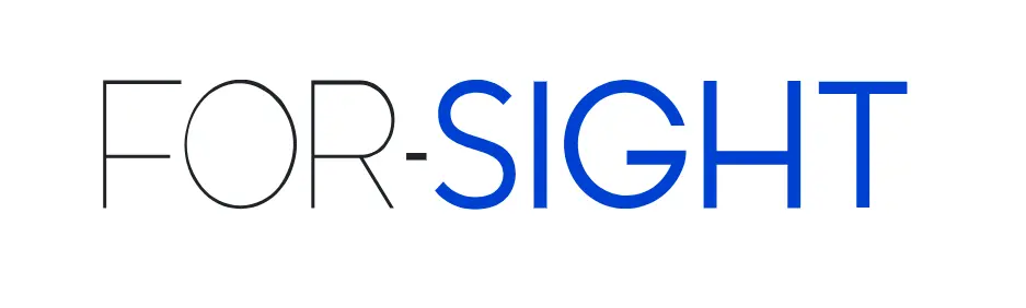 Teks "FOR-SIGHT" menonjol dengan gaya yang modern, di mana kata "FOR" ditulis dalam hitam dan "SIGHT" dalam biru cerah, mengisyaratkan fokus pada penglihatan dan visi.