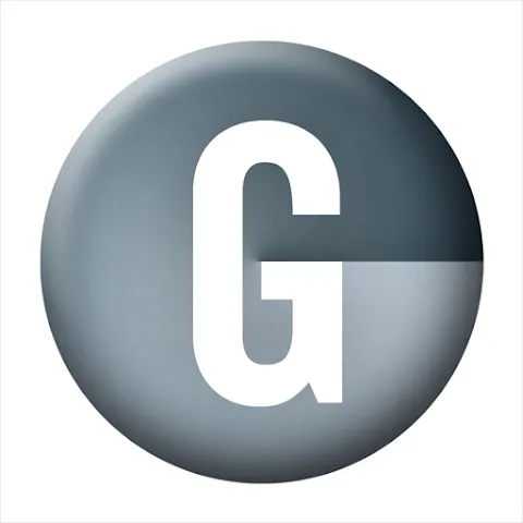 Sebuah huruf "G" besar berwarna putih terletak di atas latar belakang bulat abu-abu, memberikan kesan modern dan minimalis.