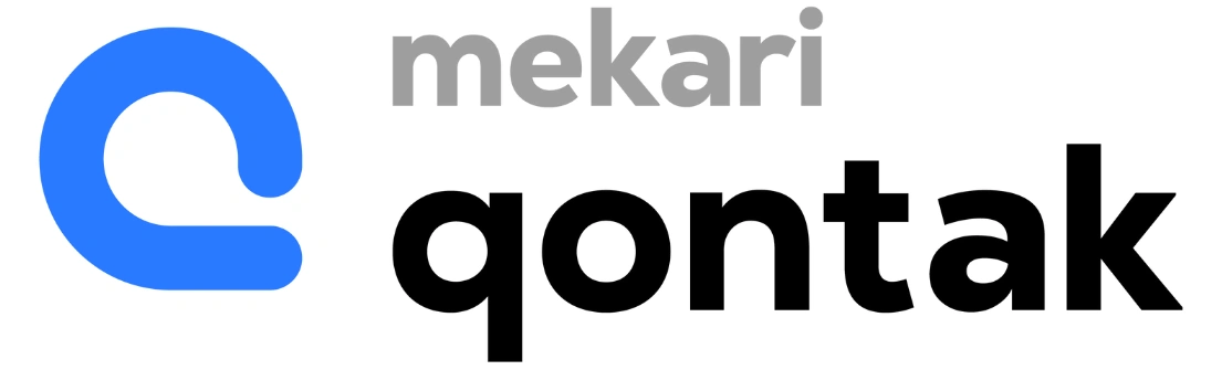 Logo Mekari Qontak menonjol dengan desain modern, mengomunikasikan layanan manajemen kontak dalam konteks bisnis digital.