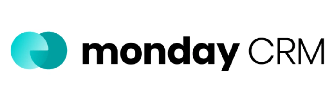Logo Monday CRM menampilkan dua lingkaran bergradasi biru yang dihubungkan dan teks "monday CRM" dalam huruf tebal, mengindikasikan solusi manajemen hubungan pelanggan.