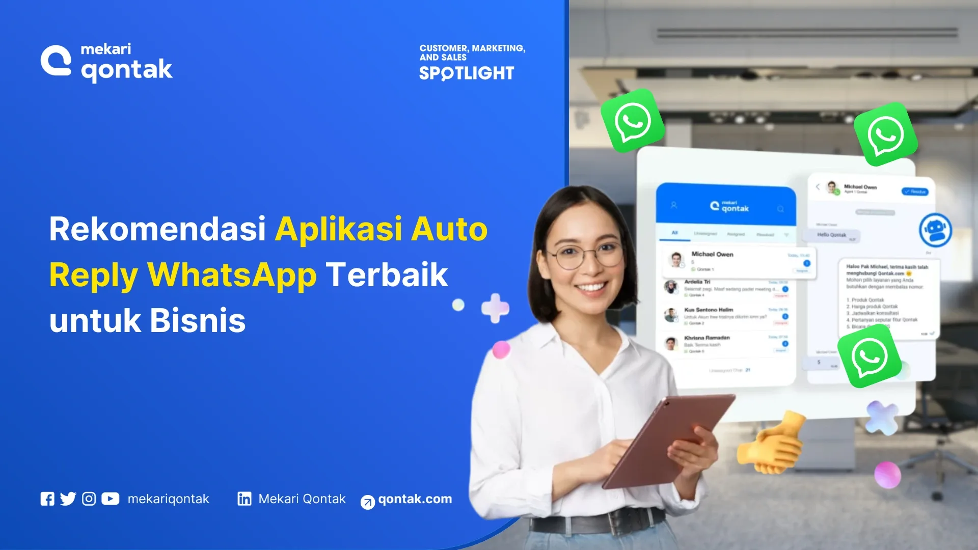 Rekomendasi aplikasi auto-reply WhatsApp ditampilkan dengan pengguna yang memegang tablet, dikelilingi oleh ikon WhatsApp, dalam suasana bisnis modern.