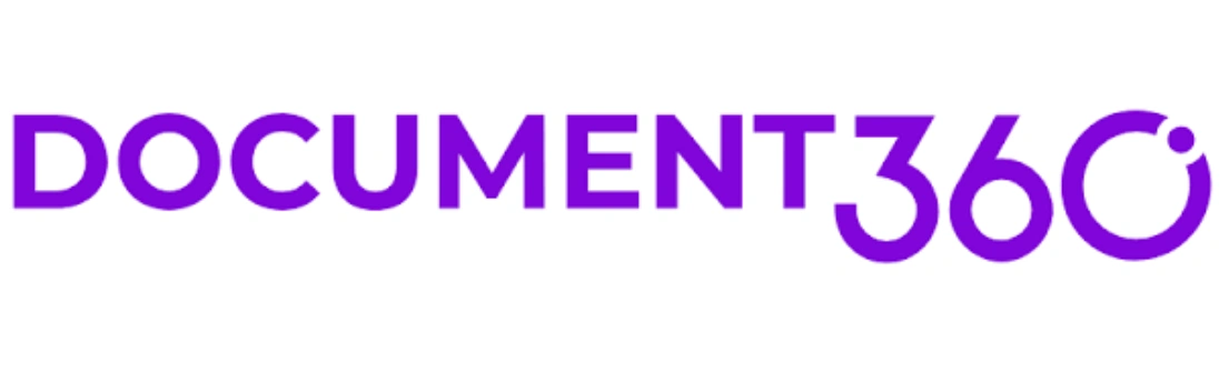 Teks "DOCUMENT360" muncul dalam warna ungu mencolok, menandakan identitas merek yang modern, kemungkinan terkait dengan solusi dokumentasi atau pengetahuan.