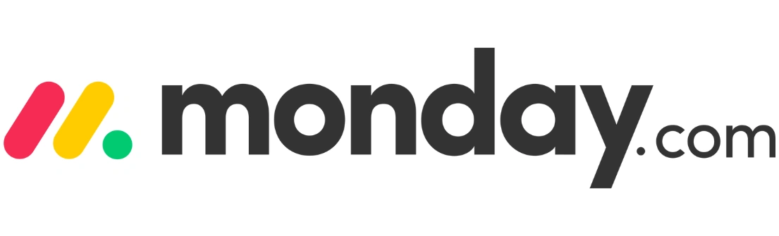 Logo berwarna-warni dengan teks "monday.com" menunjukkan platform manajemen proyek. Ditampilkan dengan desain modern, mencerminkan inovasi dalam kolaborasi.