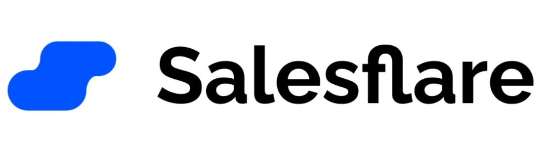 Logo biru dan hitam dari Salesflare menonjolkan nama perusahaan dengan desain modern, menciptakan kesan profesional dalam konteks pemasaran dan penjualan.