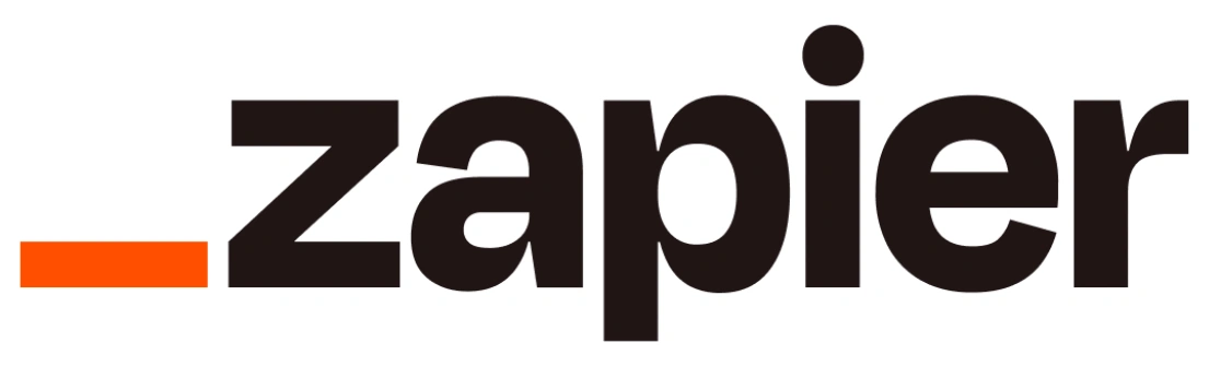Logo Zapier menampilkan teks "zapier" dengan gaya modern, dimana huruf "z" dan "p" berbentuk tegas, serta elemen oranye di awalnya. Logo ini mencerminkan jasa otomatisasi.
