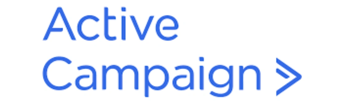 Kata "Active Campaign" terlihat dengan huruf berwarna biru, menunjukkan fokus pada layanan pemasaran digital, dengan simbol panah mengarah ke kanan.