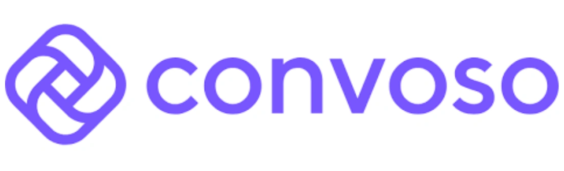 Logo berwarna ungu dengan teks "convoso" terletak di tengah, menciptakan kesan modern dan profesional, cocok untuk platform komunikasi.