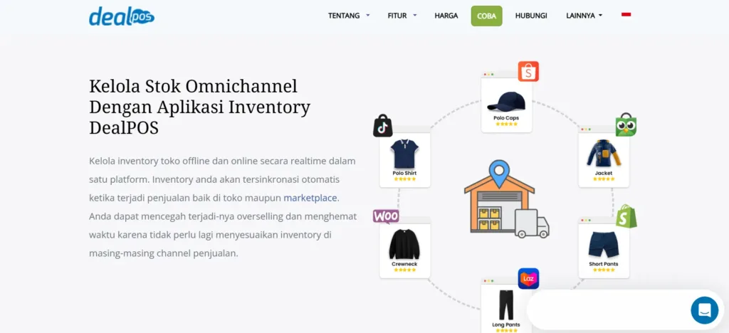 Tampilan Homepage Aplikasi Inventory DealPOS Aplikasi DealPOS mengelola stok dari berbagai saluran penjualan dengan efisien di lingkup ritel, memperkuat integrasi antara toko fisik dan online.