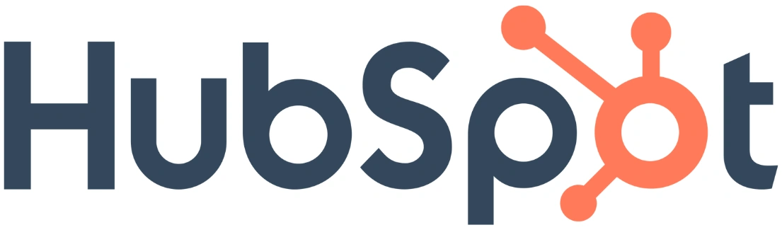 Logo HubSpot menonjol dengan kata "HubSpot" diukir tegas, dilengkapi ikon simetris berwarna oranye yang terhubung. Logo ini mengkomunikasikan identitas perusahaan pemasaran dan penjualan digital yang modern.