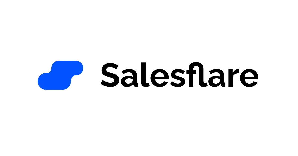 Logo Salesflare dengan desain minimalis menampilkan teks berwarna hitam dan elemen grafis biru, mencerminkan identitas branding yang modern dan profesional.