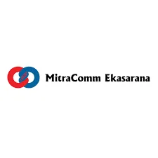 Logo perusahaan MitraComm Ekasarana menampilkan dua cincin berwarna merah dan biru yang saling berinteraksi, mencerminkan kemitraan dan kolaborasi di bidang komunikasi.