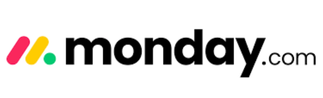 Logo berwarna-warni menonjol dengan tulisan "monday.com," mencerminkan inovasi dan efisiensi dalam manajemen proyek di lingkungan kerja modern.