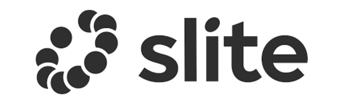 Logo dengan teks "slite" dan elemen bulat di sekitar, menciptakan kesan modern dan profesional yang mewakili platform alat kolaborasi.