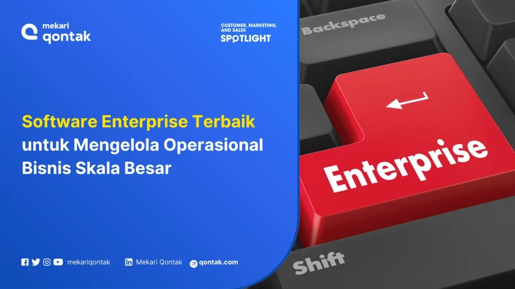 Software Enterprise Terbaik untuk Mengelola Operasional Bisnis Skala Besar Tombol merah bertuliskan "Enterprise" menonjol di antara tuts hitam pada keyboard, menandakan fokus pada perangkat lunak untuk bisnis besar.