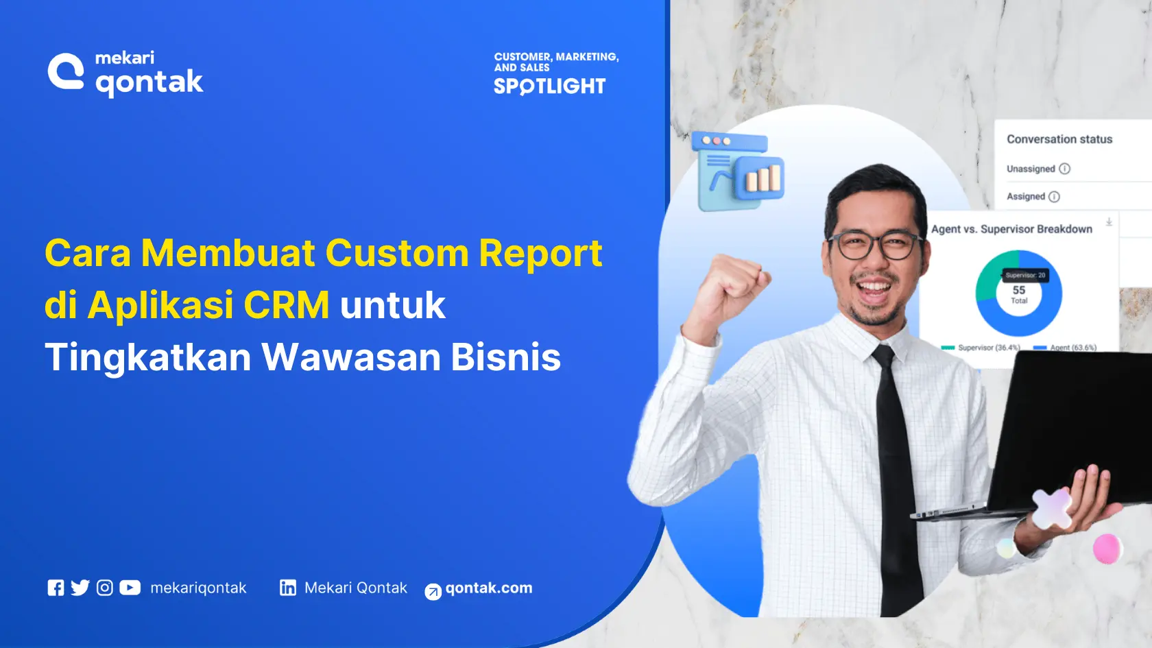 Layar berwarna biru memperlihatkan instruksi tentang cara membuat laporan kustom di aplikasi CRM untuk meningkatkan wawasan bisnis, dengan grafik analisis terintegrasi.