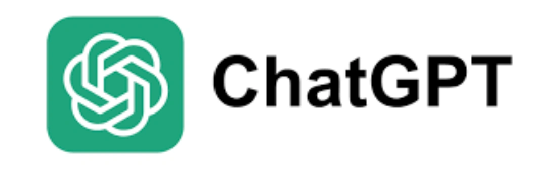 Logo ChatGPT berwarna hijau dengan simbol bergelombang, menciptakan kesan modern. Teks "ChatGPT" terletak di sebelah kanan, menonjolkan identitas platform.