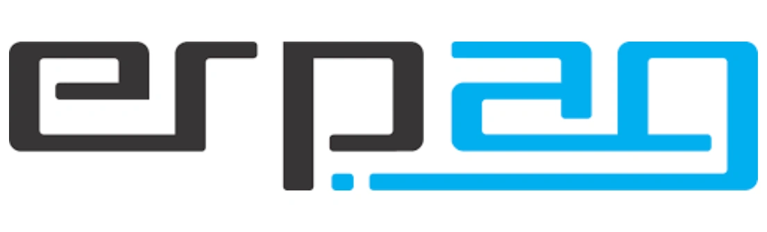 Logo yang menonjol dengan teks "erp" berwarna hitam dan "ag" berwarna biru, menunjukkan identitas merek yang berfokus pada solusi bisnis di lingkungan digital.