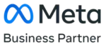 Logo Meta dengan tulisan "Business Partner" menampilkan sinergi antara teknologi dan bisnis, menggambarkan kolaborasi dalam pengembangan strategi digital.