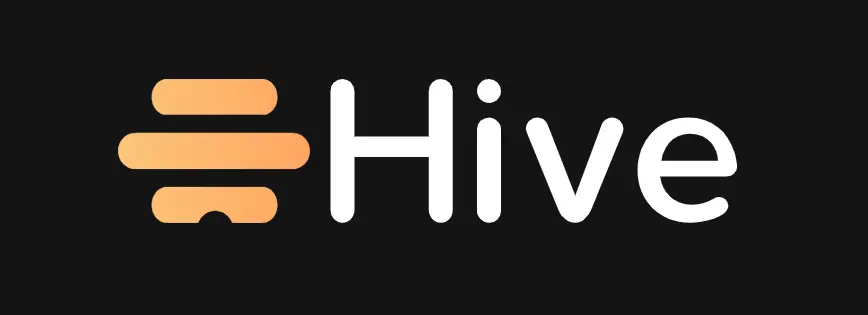 Sebuah logo menampilkan kata "Hive" dengan desain modern, terintegrasi dengan garis-garis berwarna oranye yang menciptakan nuansa dinamis dalam latar belakang hitam.