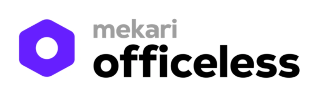 Logo berbentuk heksagon ungu dengan tulisan "mekari officleless" di bawahnya, menciptakan identitas merek untuk platform kerja fleksibel tanpa kantor.
