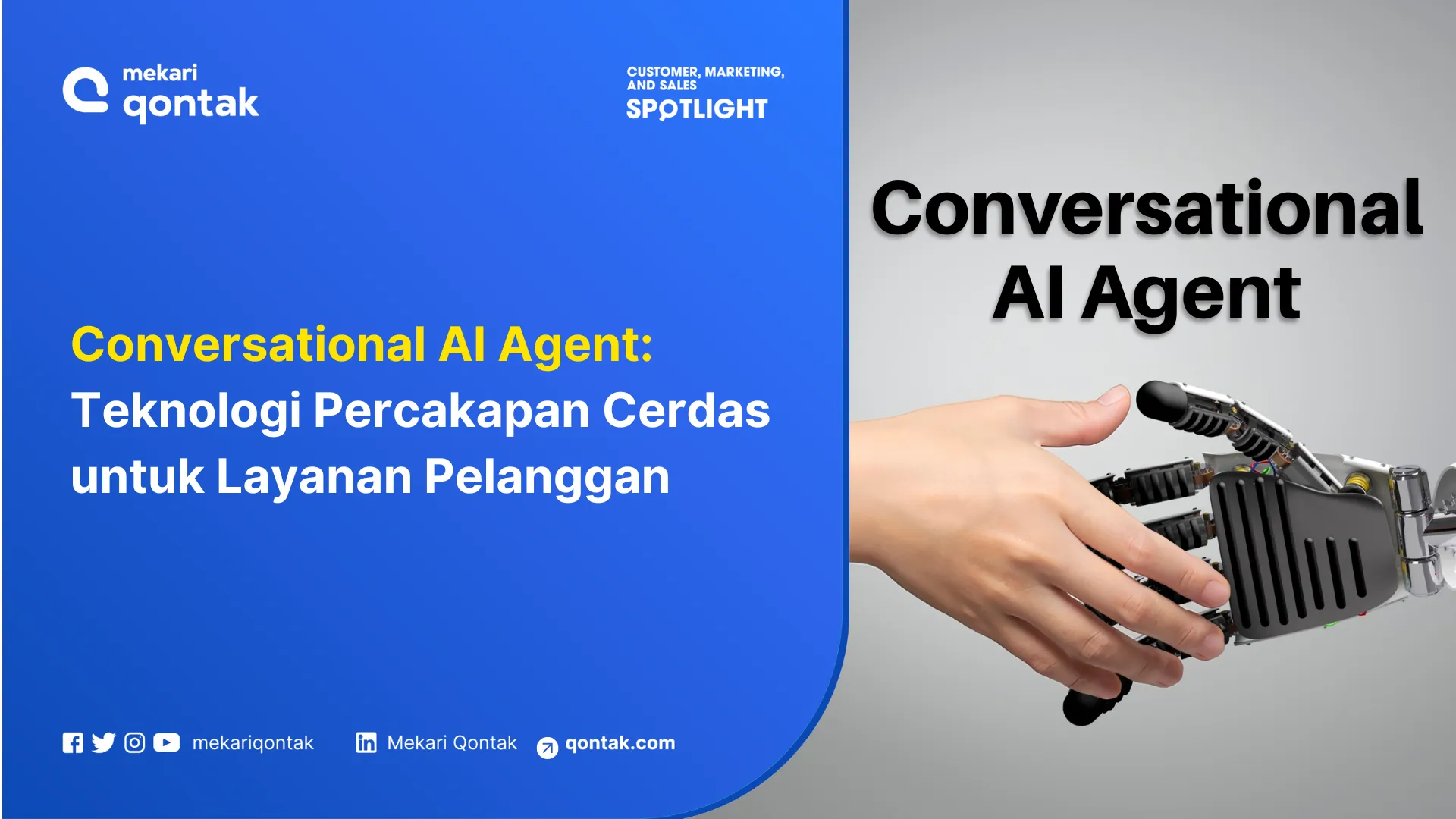 Sebuah tangan manusia menyapa tangan mesin, menggambarkan interaksi antara manusia dan teknologi AI untuk layanan pelanggan yang cerdas.